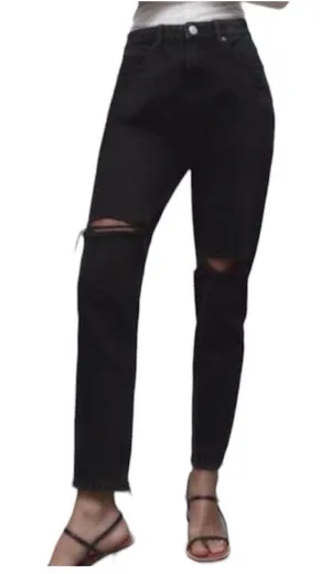 Zara High Waisted Mom Jeans Black Ripped Knee Grunge 90s Punk 4 thumbnail 1