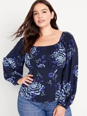 Old Navy Floral Babydoll Blouse XL Square Neck Blue Long Sleeve Cottagecore thumbnail 1