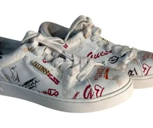 GUESS White Sneakers with Multicolor Graffiti Accents Women Size 6.5 thumbnail 1