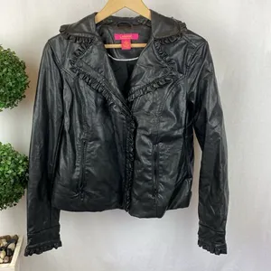 Catherine Malandrino Black Faux Leather Zip Up Ruffle Trim Cropped Jacket M thumbnail 2