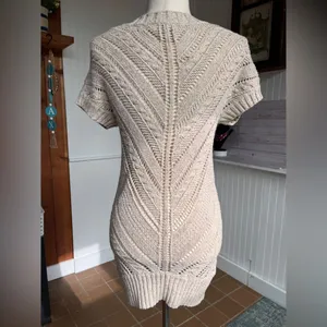 STUNNING Short Sleeve Sweater Dress Tan With Speckles of Pink, Teal & Gold thumbnail 3