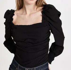 ASTR the Label Ruched Smocked Back Long Sleeve Top Ruffle Solid Black Classy S thumbnail 11