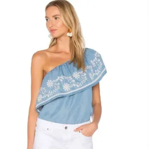 NEW Rebecca Minkoff One Shoulder Embroidered Blue Chambray Top Boho Summer thumbnail 2