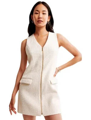 Abercrombie & Fitch Mara Tweed Zip-Up Mini Dress Cream Tweed Womens Large thumbnail 1