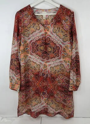 Chico's Size 1 US M 8 Long Paisley Top Long Sleeve Layered Scoop Neck Tie Front thumbnail 1
