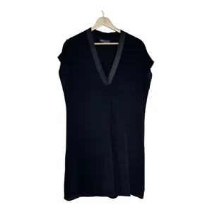 Vince Women Black 100% Silk Leather Trim V-Neck Shift Dress Short Sleeve Size S thumbnail 3