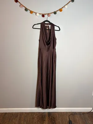 Rinascimento chocolate brown silky draped cowl neck cocktail dress thumbnail 2