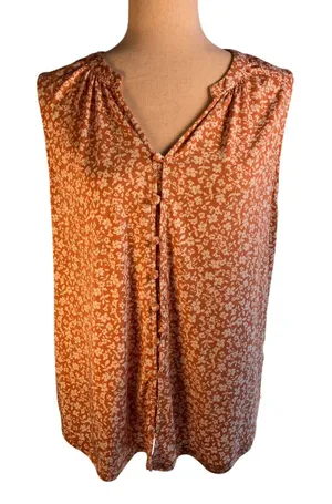 Papermoon Short sleeve orange floral button up Tank Top | XL thumbnail 1