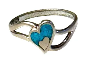 Navajo Vintage 925 Silver Stamped Compressed Turquoise Double Heart Ring Sz 7 thumbnail 1