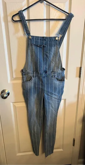 ALMOST FAMOUS Striped Blue Denim Overalls - Women's Jeans Overalls, M thumbnail 1