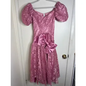 Vintage 80s Pink Lace Prom Dress Puff Sleeve Big Satin Bow Party Princesscore thumbnail 2