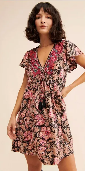 Anthropologie Floral Printed Tunic Dress Mixed Print V Neck Black Brown Size XXS thumbnail 1