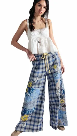 🆕Free People | Brooks Embroidered Wide-Leg Patchwork Pants | Sz: M | Ivory Combo thumbnail 1