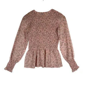 Petal + Pup Pink Floral Smocked Peplum Top Long Sleeve Shirred Blouse Small thumbnail 2