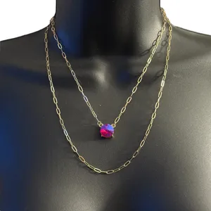 Gold tone layered iridescent hot pink gemstone pendant necklace thumbnail 1