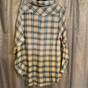 Free People One Yellow Plaid Faded Dyed Boho Button Down Top Small NWOT thumbnail 3