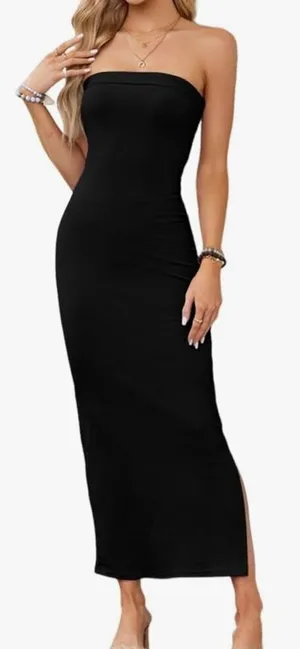 PRETTYGARDEN NEW Lined Bodycon Side Slit Strapless Ribbed Maxi Dress M thumbnail 1