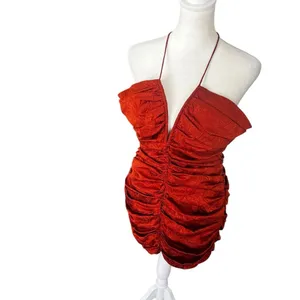 Ronny Kobo Orielle Rust Orange Silk Blend Jacquard Ruched Halter Mini Dress L thumbnail 6