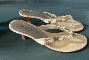 Vintage ALDO Cream Rhinestone Kitten Heel Thong Sandals | Size 39 - Bridal thumbnail 1