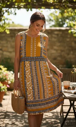 Maurices Mustard Yellow Floral Tile‎ Print Sleeveless Shift Dress Back Cutout M thumbnail 1
