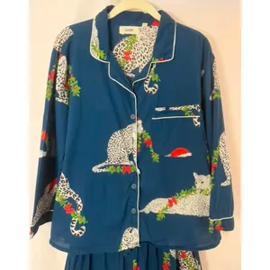 SAATVIK Navy w/White Leopard Pajamas Set Christmas Garland Santa Hat Womens M thumbnail 5