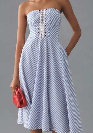 Anthropologie Maeve Strapless A-Line Blue and White Dress thumbnail 1