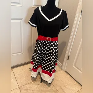 Swing dress black white red polka dot red belt 36" waist thumbnail 2