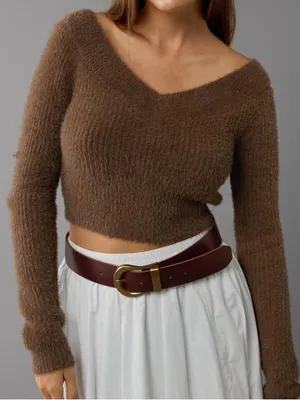 American Eagle Fuzzy Off-Shoulder Sweater Brown Small thumbnail 1