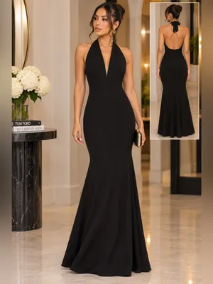Dress the Population Camden Sleeveless Halter Plunging Gown – Black – Medium thumbnail 2