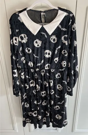 Bloomchic Black Velvet Dress Skulls Bats Whimsigoth Goth Halloween Novelty‎ thumbnail 1