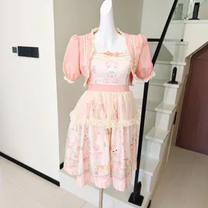 Pink Bunny Bear Print Lolita Strap Dress Lace thumbnail 3
