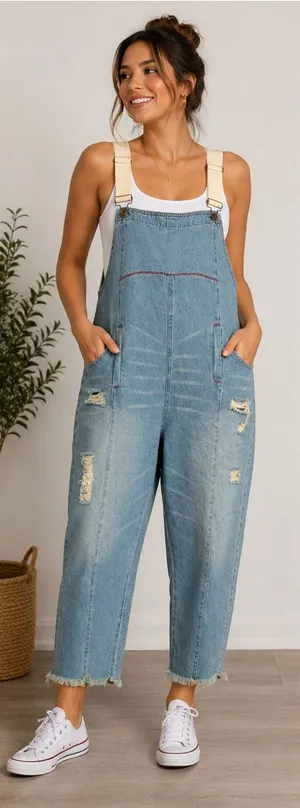 Women’s Denim Overalls Size M Light Wash Distressed Cropped Baggy Utility thumbnail 1