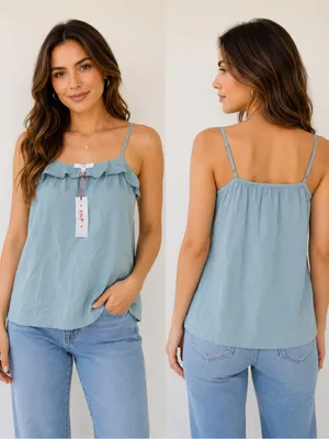 Kut from the Kloth Sage Blue Ruffle-Trim Spaghetti Strap Cami Top thumbnail 2