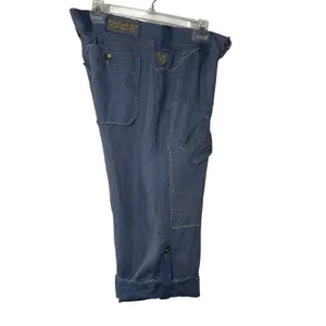 Y2K Linen Cargo Capri Blue Utility Boho Cropped Pants Sz L Button‎ Fly Wide Leg thumbnail 7