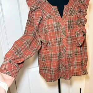 Entro Rust Plaid Wool Blend Ruffle Shoulder Top Large Boho Fall Contemporary thumbnail 3