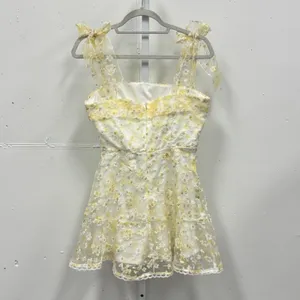 Lucy In The Sky Yellow Floral Tie Shoulder Mini Dress Lace Trim Size M Coquette thumbnail 2