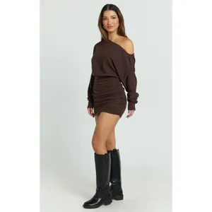 Showpo Alyce Mini Dress Size 4 Brown Ruched Off Shoulder Textured Knit thumbnail 9