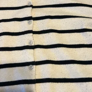 Classic Cream & Navy Blue Striped Cardigan Sweater thumbnail 3