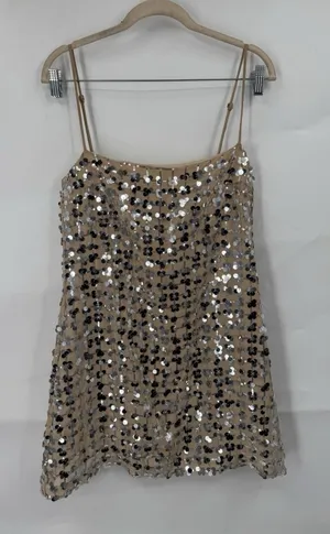 Zara Sequin Mini Dress Women Medium Tan Festival Retro Preppy New Year Glam thumbnail 1