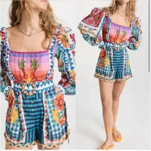 FARM Rio Summer Vibe Patchwork Floral Romper XS Multicolor Boho Festival Vaca thumbnail 4