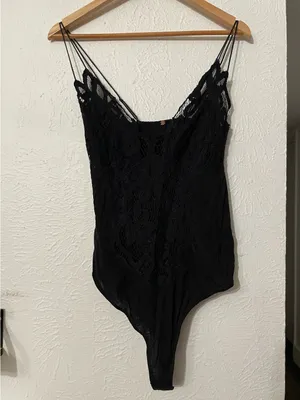 Free People Adella Black Lace Bodysuit Spaghetti Straps X-Large thumbnail 3