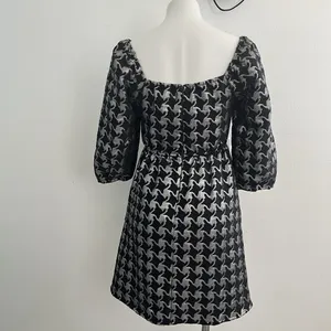NEW Anthropologie Balloon Sleeves Dress XSMALL DAMASK houndstooth Silver Black thumbnail 7