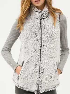 Thread & Supply Ivory Cozy Sherpa Teddy Zip Up Vest Jacket Gray Trim - Medium thumbnail 9