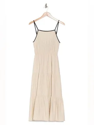 Blu Pepper Hazel Khaki Midi Dress NWT Boho Tiered Open Back Tie Cream Large thumbnail 5