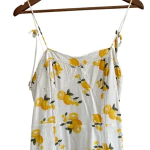 Kirious Lemon Print Linen Blend Midi Dress Yellow White Citrus Vacation Resort thumbnail 2