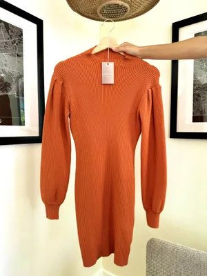 Burnt Orange Ribbed Knit Long Sleeve Sweater Dress thumbnail 4