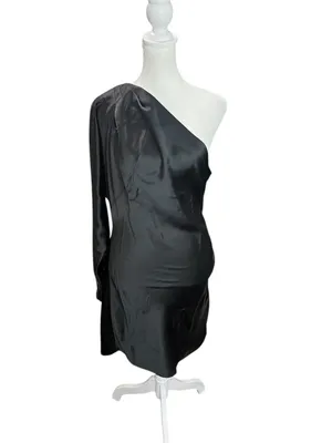 BHLDN Lucy Black Satin One Shoulder Ruched Mini Dress Size 8 NWT thumbnail 5