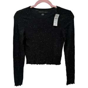 New American Eagle Black White Speckle Long Sleeve Ribbed Crop Top Women's Sz S thumbnail 4