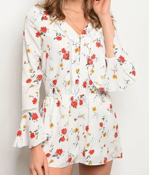 White Floral Romper Bell Sleeve Smocked Elastic Waist Button Front Size Small thumbnail 1