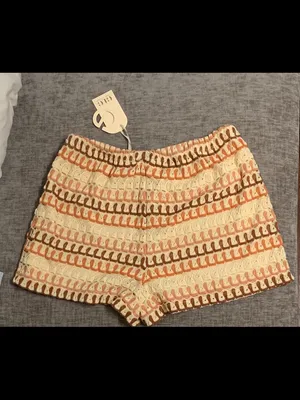 High-Waist Crochet Shorts in Cream, Peach & Brown thumbnail 2